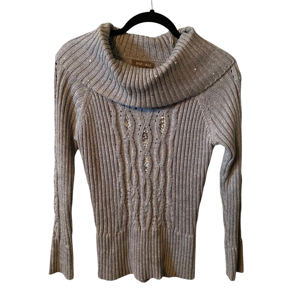 ROZ & ALI Gray Ribbed Metallic Cowl Neck Sequin Accent‎ Sweater Size M